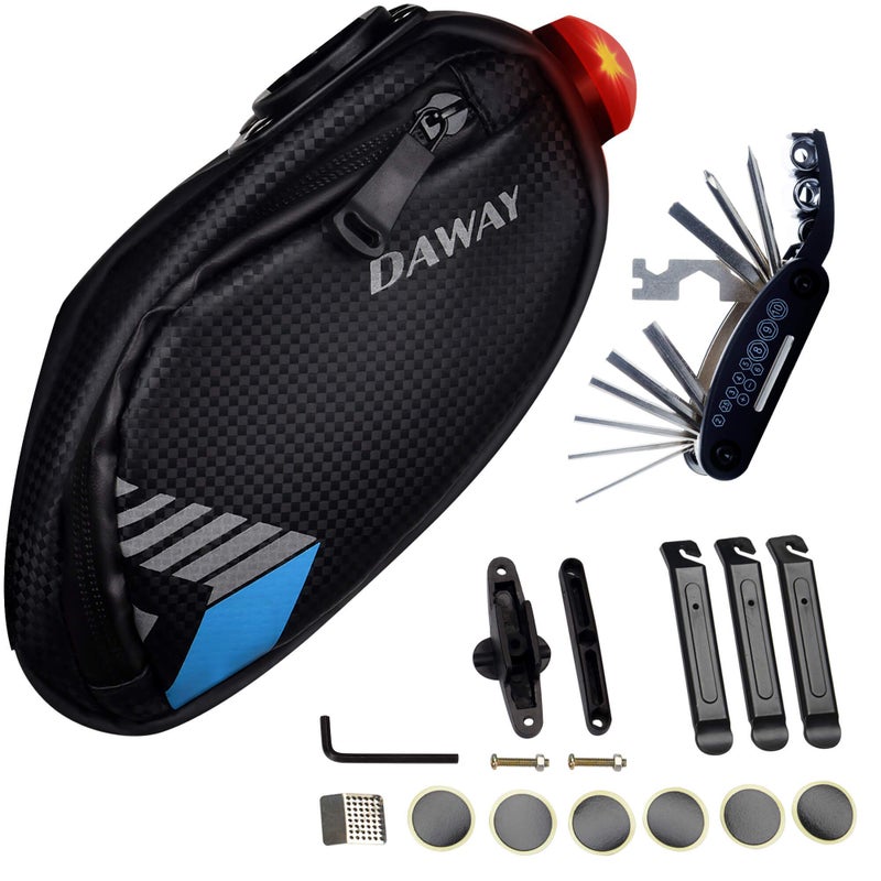 DAWAY A36 Bike Repair Kit with Taillight - Waterproof Bicycle Saddle Bag, 16-in-1 Multi-Tool, Glueless Tire Tube Patches & Tire Levers, Complete Under-Seat Pack for Cyclists - Image 1